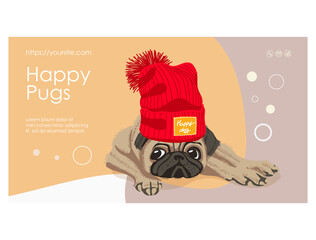 Happy pugs web banner template. Domestic animals care, grooming, training, feeding landing page interface. Pet shop, store design cartoon vector illustration
