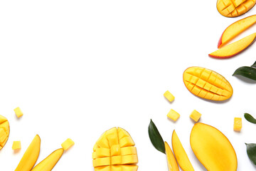 Composition with sweet ripe mangoes on white background