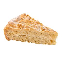 Isolated slice of curd pie with powdered sugar on the white background