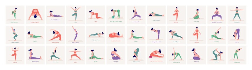 Yoga Poses Set. Young woman practicing Yoga pose. Woman workout fitness, aerobic and exercises. Vector Illustration.	 - obrazy, fototapety, plakaty