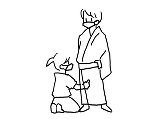 奄美大島紬の体験イラスト　着付けする男性