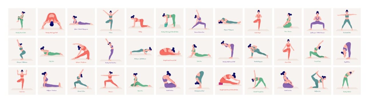Yoga Poses Set. Young woman practicing Yoga pose. Woman workout fitness, aerobic and exercises. Vector Illustration.	