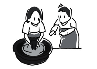 奄美大島紬の体験イラスト　染色体験する女性