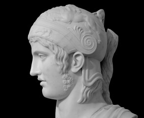 Ancient roman statue. Head and shoulders detail of the man sculpture. Antique face statue isolated...