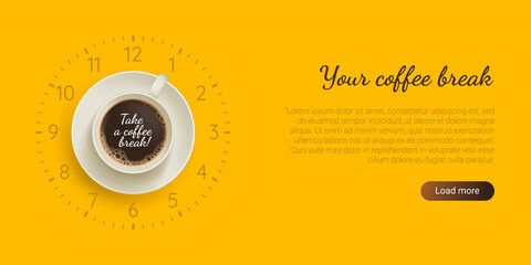 Fototapeta na wymiar Your coffee break web banner template. Coffee drinks lending page, website and mobile app design. Top view of clock and espresso drink in cup flat vector illustration