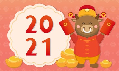 Happy cute zodiac ox celebrating Chinese New Year, 2021 New Year elements horizontal greeting card and poster business card