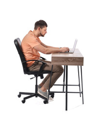 Man with bad posture using laptop while sitting at table on white background