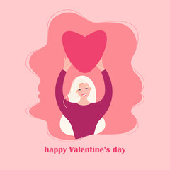 Illustration of love and valentine day, Beautiful woman stretches her arms up with heart. Flat vector illustration.