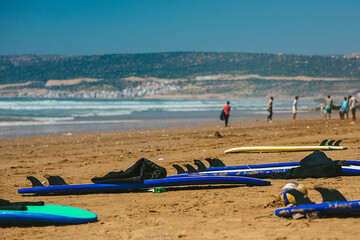 Surfboard on sandy beach, Morocco, Agadir