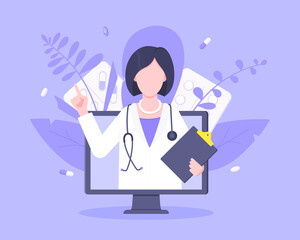 Online doctor medical service concept with doctor in the monitor screen vector illustration. Telemedicine web consultation for patients health care check ups and taking medicine prescription pills.