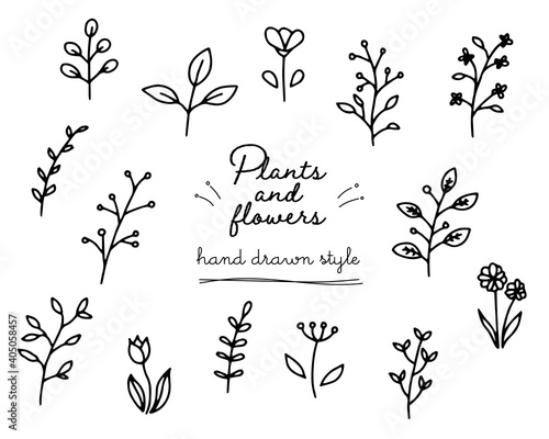 手描きの植物のイラストのセット 葉 花 シンプル 素材 おしゃれ 葉っぱ Background Wall Mural Backgrou Yugoro