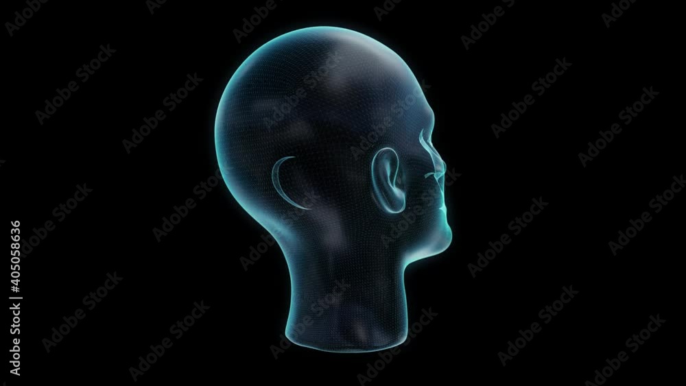 Poster hollogram formation head. futuristic hologram 3d model. face in the form of a particles.