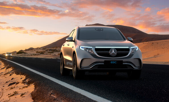 All-electric Mercedes EQC Crossover On A Desert Road