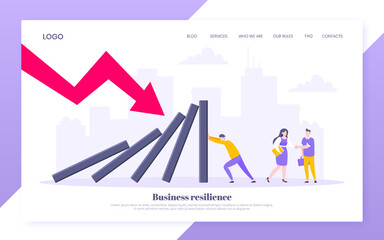 Domino effect or business resilience metaphor vector illustration. Adult young man pushing falling domino line business concept of problem solving website template.