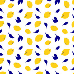 Bright yellow lemons with blue leaves seamless pattern.