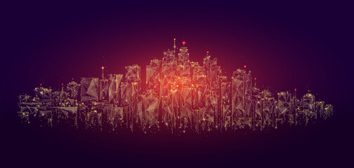 Naklejka premium Low poly city skyline panorama vector illustration. Digital wireframe of architectural building in panoramic view made of connected dots. Low poly art of cityscape.