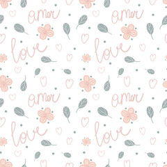 Valentines day seamless pattern with love, amor words decorated with pastel leaves. Greeting cards and gift paper pattern.