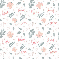 Valentines day seamless pattern with love, amor, and Korean Sarang words decorated with pastel leaves. Greeting cards and gift paper pattern.