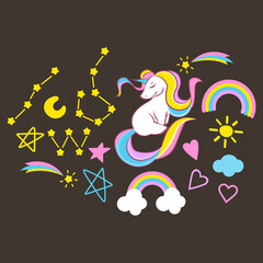Set of beautiful unicorn elements on dark background, vector illustration