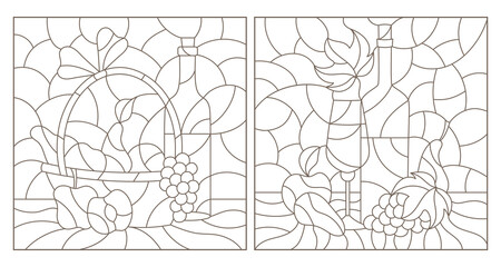 Set of contour illustrations of stained glass Windows with still lifes, a bottle of wine and fruit, dark outlines on a white background