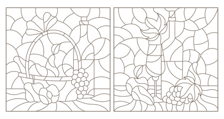 Obraz premium Set of contour illustrations of stained glass Windows with still lifes, a bottle of wine and fruit, dark outlines on a white background