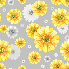Watercolor chrysanthemums.Yellow flowers on a gray background. Seamless pattern.Illustration can be used for print,textile,fabric