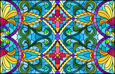 Illustration in stained glass style with abstract flowers, leaves and curls on a blue background, rectangular horizontal image