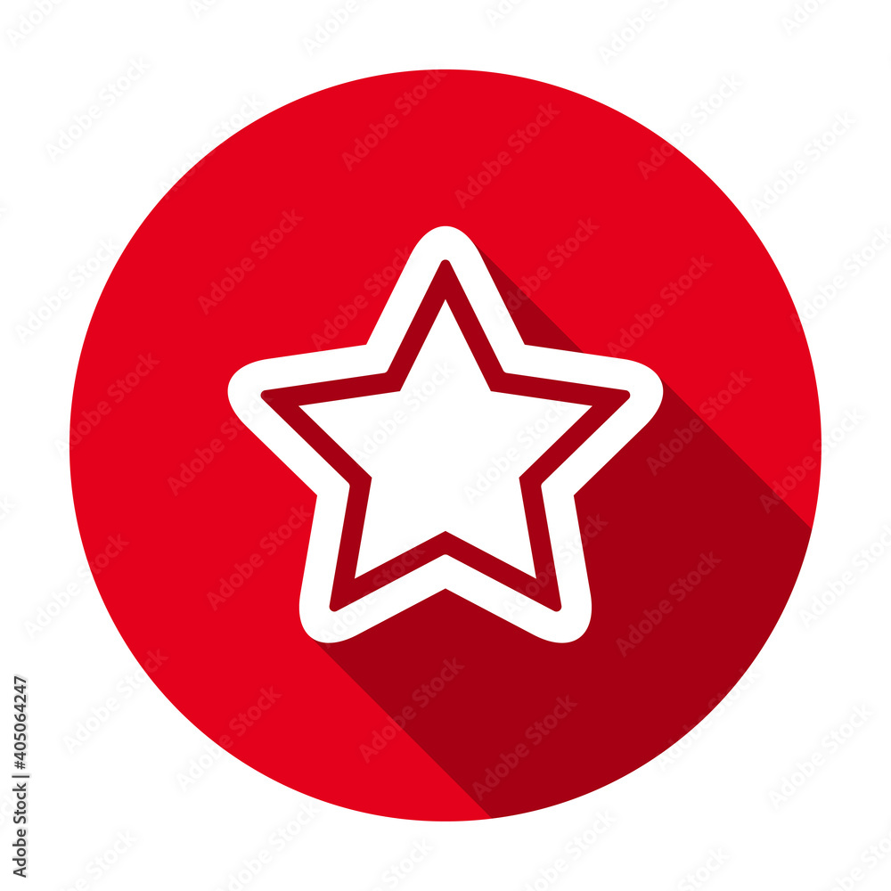 Poster red flat round star with outline icon, button with long shadow isolated on a white background. vecto
