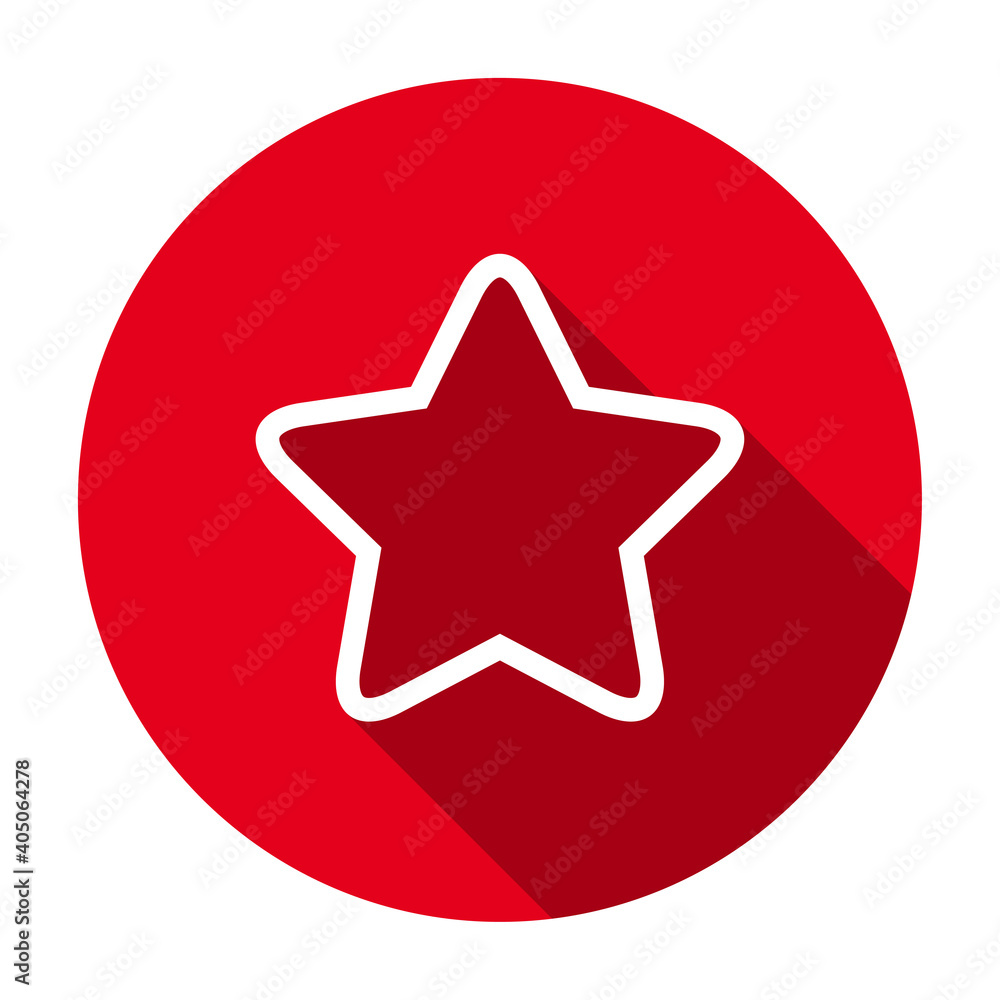 Poster red flat round star outline icon, button with long shadow isolated on a white background. vector ill