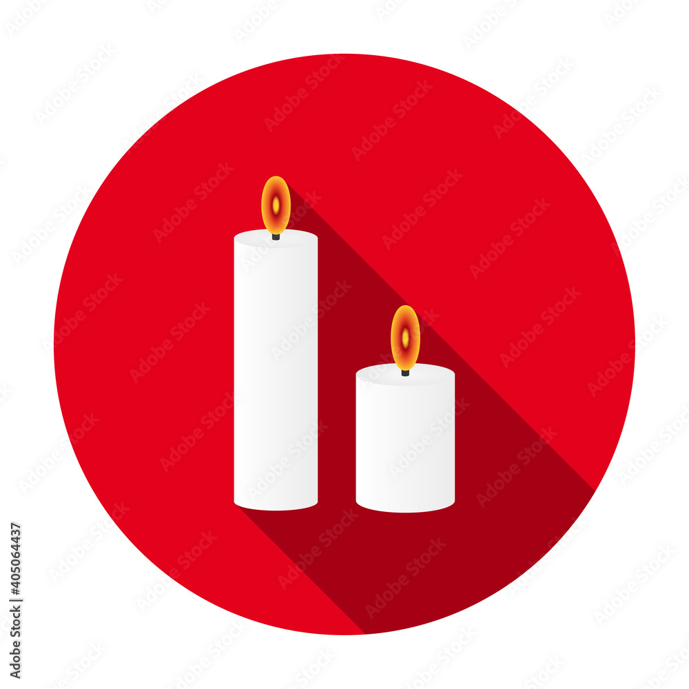 Poster red flat round burning candles icon, button with long shadow isolated on a white background. vector 
