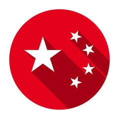 Red flat round five stars of flag of People's Republic of China icon, button with long shadow isolated on a white background. Vector illustration.