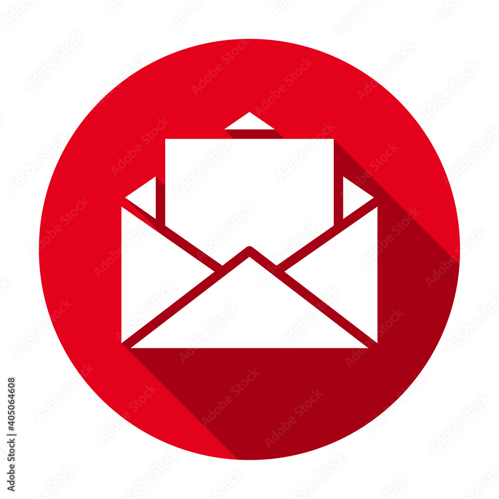 Poster Red flat round opened envelope with letter icon, button with long shadow isolated on a white background. Vector illustration.