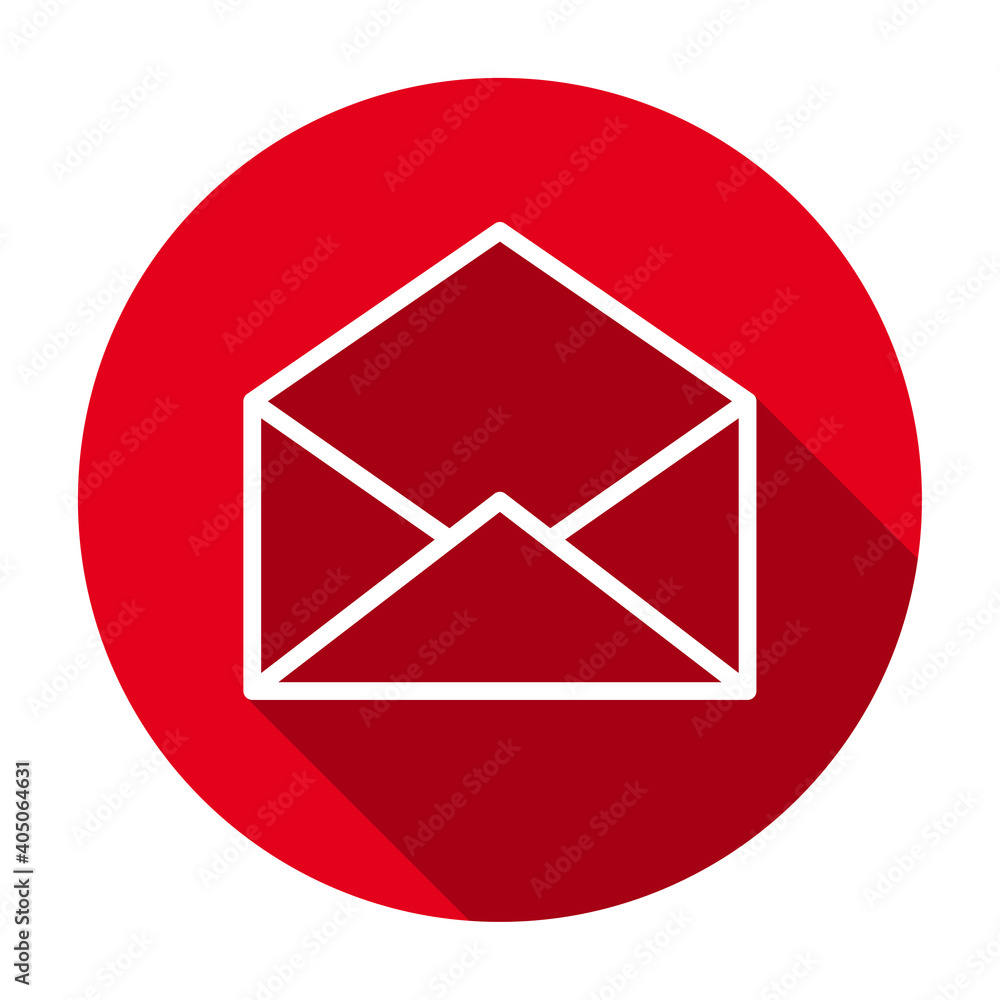 Poster red flat round opened envelope outline icon, button with long shadow isolated on a white background.