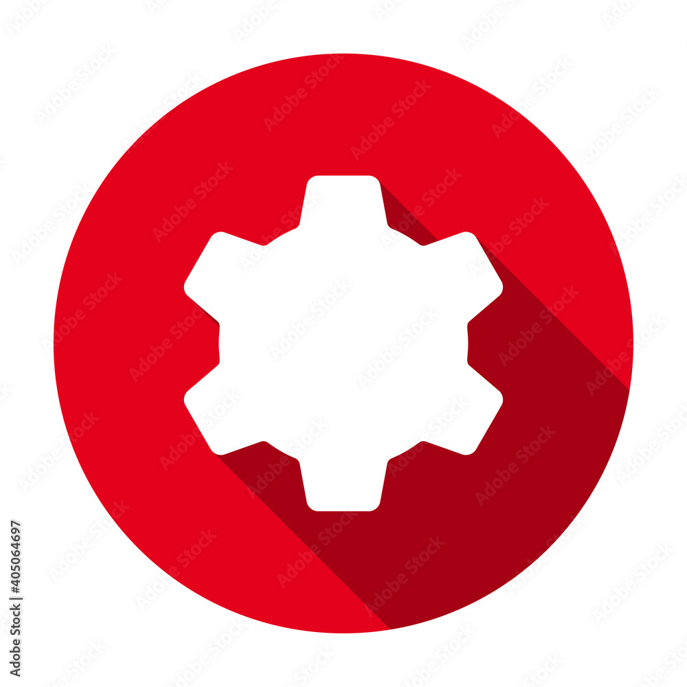 Poster red flat round gear wheel icon, button with long shadow isolated on a white background. vector illus