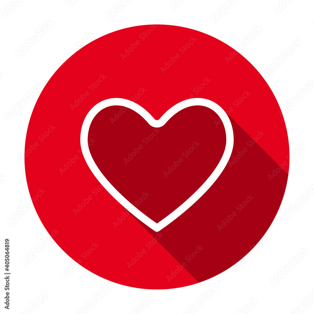 Poster red flat round heart outline icon, button with long shadow isolated on a white background. vector il
