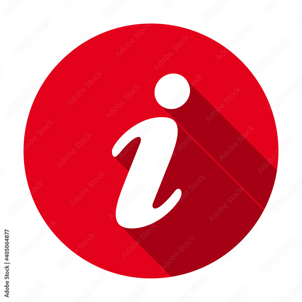 Poster red flat round information icon, button with long shadow isolated on a white background. vector illu