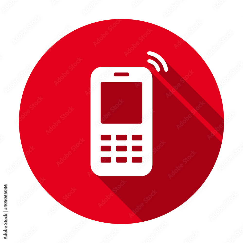 Poster red flat round mobile phone icon, button with long shadow isolated on a white background. vector ill