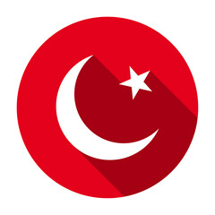 Red flat round national emblem of the Islamic Republic of Pakistan icon, button with long shadow isolated on a white background. Vector illustration.