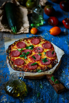 Zucchini Pizza Crust With Salami And Cheese. Rustic Style.