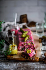 Pork, beetroot, and horseradish terrine.style rustic.