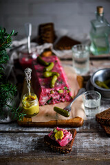 Pork, beetroot, and horseradish terrine.style rustic.