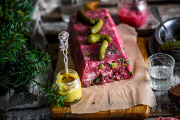 Pork, beetroot, and horseradish terrine.style rustic.