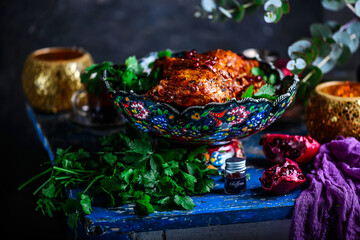 Obraz na płótnie Canvas Persian Honey Glazed Chicken and Jeweled Rice