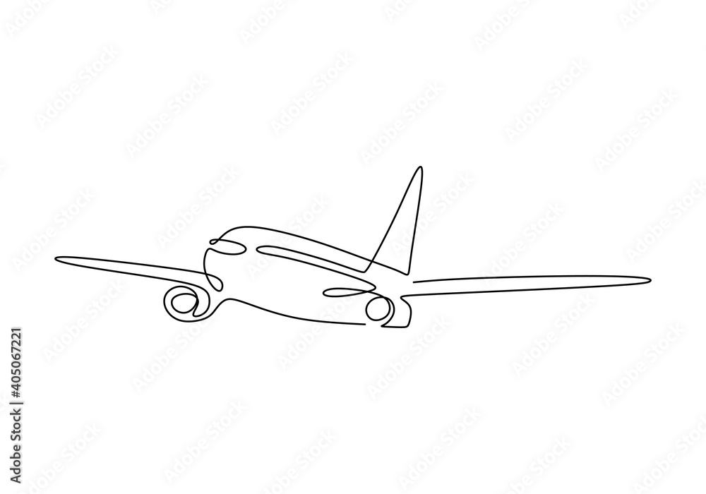Poster airplane continuous line. continuous line drawing of airplane flying on the sky isolated on white ba