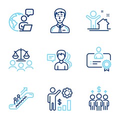 People icons set. Included icon as Meeting, People, Escalator signs. New house, Certificate, Employees wealth symbols. Court jury, Businessman person line icons. Line icons set. Vector