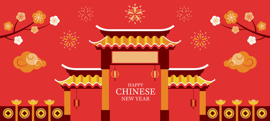 Chinese New Year, Traditional Gate Building Background - 405068092