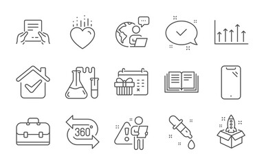 Chemistry pipette, Growth chart and Heart line icons set. 360 degree, Approved and Education signs. Christmas calendar, Receive file and Startup symbols. Line icons set. Vector