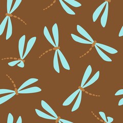 Dragonflies are blue. The background is brown. For fabric, wallpaper, notebooks, diaries, brochures, books, catalogs, backgrounds, covers, banners, textiles. Scalable to any size.Vector illustration. 