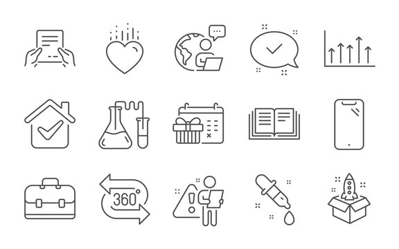 Chemistry pipette, Growth chart and Heart line icons set. 360 degree, Approved and Education signs. Christmas calendar, Receive file and Startup symbols. Line icons set. Vector