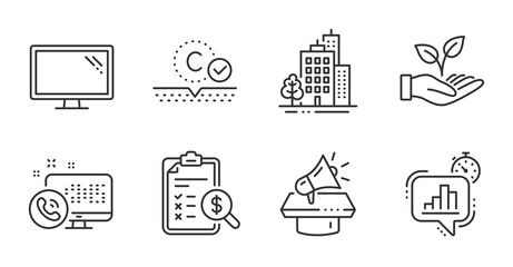 Accounting report, Web call and Helping hand line icons set. Monitor, Megaphone and Buildings signs. Statistics timer, Collagen skin symbols. Check finance, Phone support, Startup palm. Vector